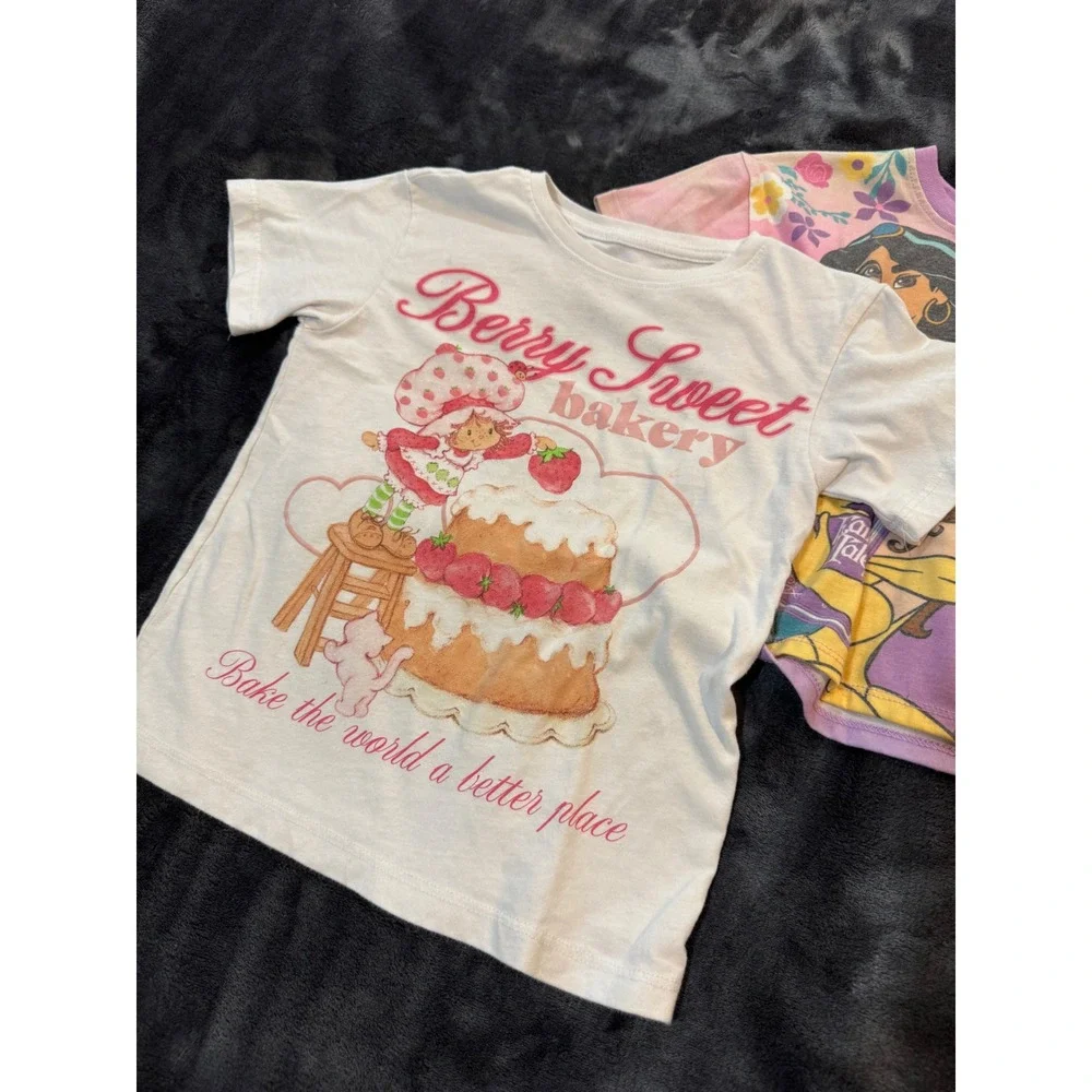 Girls Strawberry Shortcake Disney Princess T Shirt Lot XS 4-5 Size 6 Pink Tee